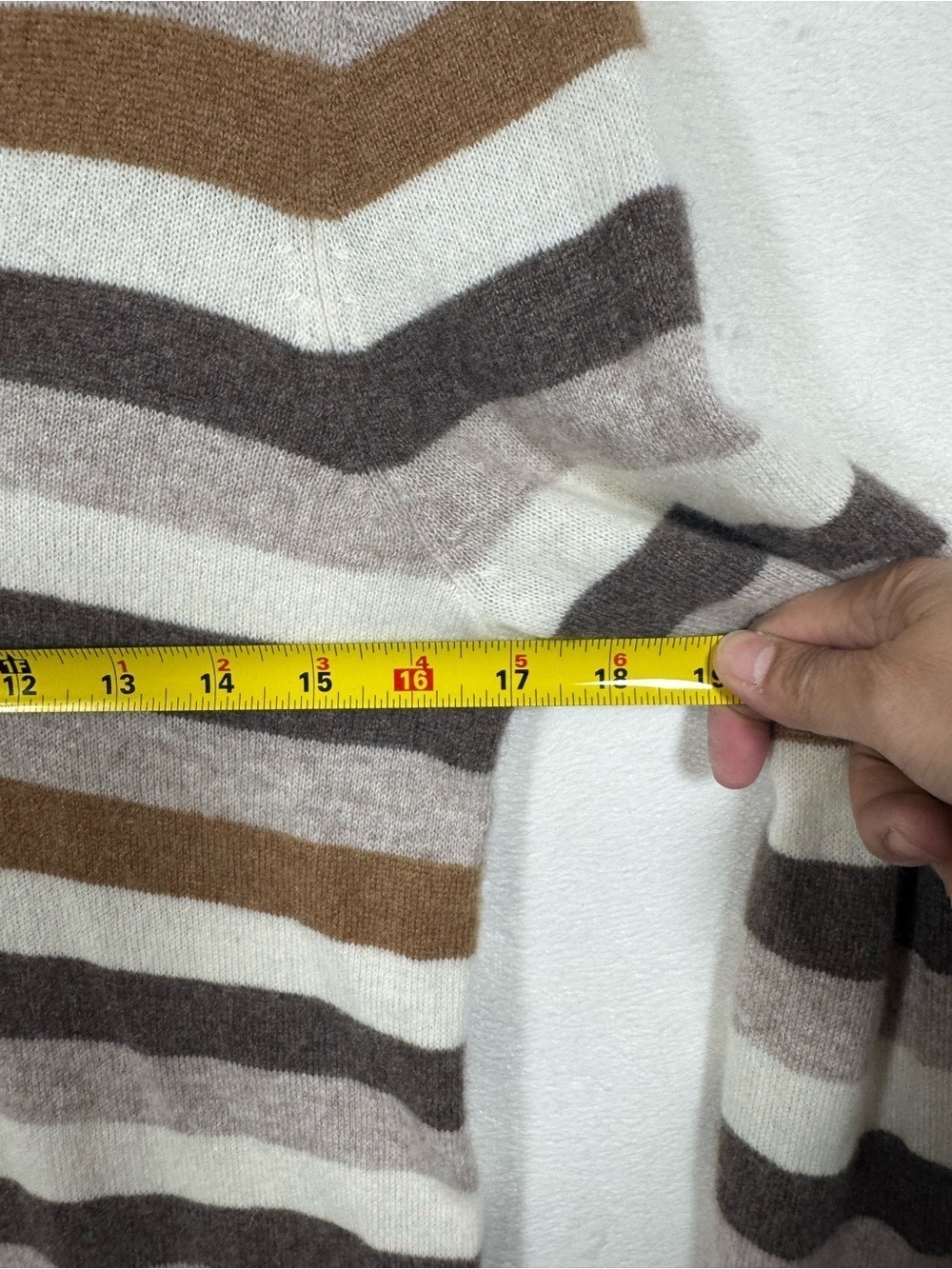 Hudson Bay Striped V-Neck Cashmere Sweater in Cream, Brown & Tan Medium - Picture 3 of 6